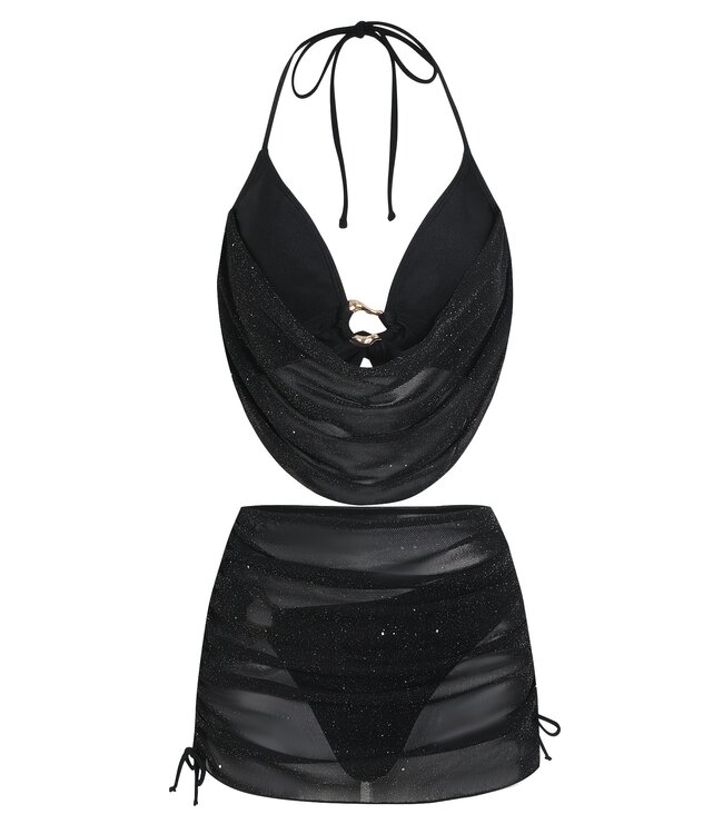 Luxe bikini setje met sarong en glitter - zwart