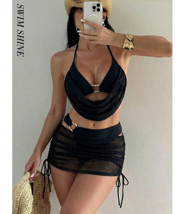 Luxe bikini setje met sarong en glitter - zwart