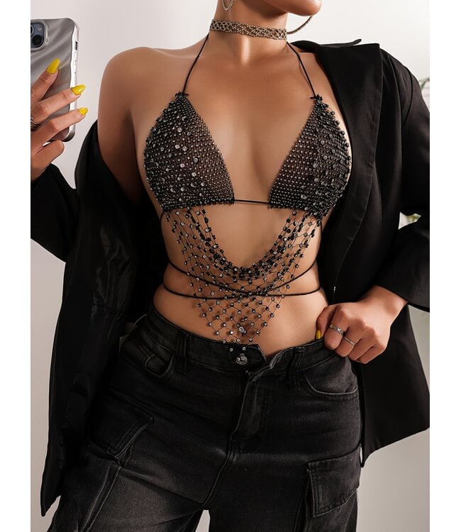 ClassyWear Sexy topje met strass feestje outfit - zwart