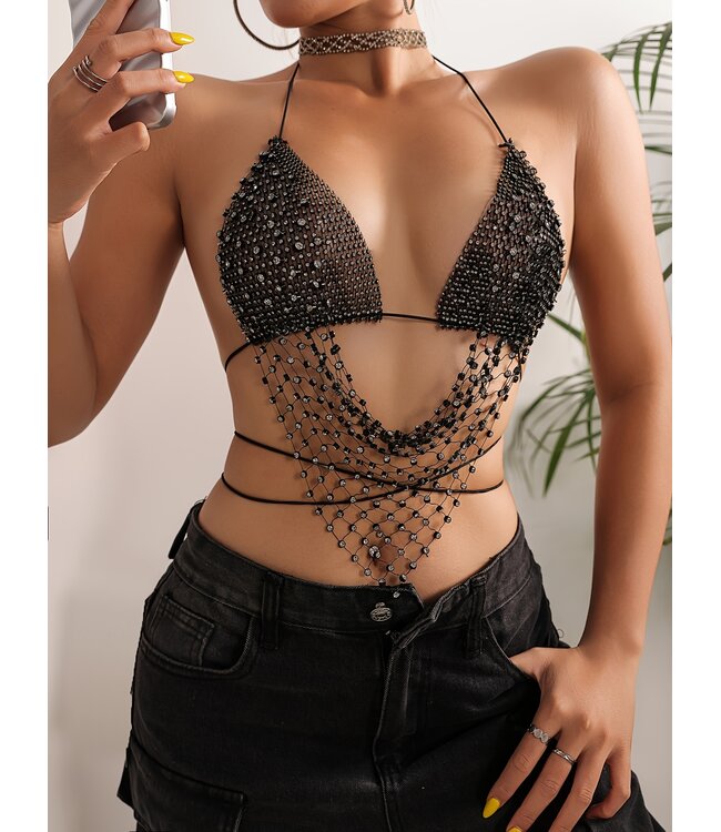 Sexy topje met strass feestje outfit - zwart