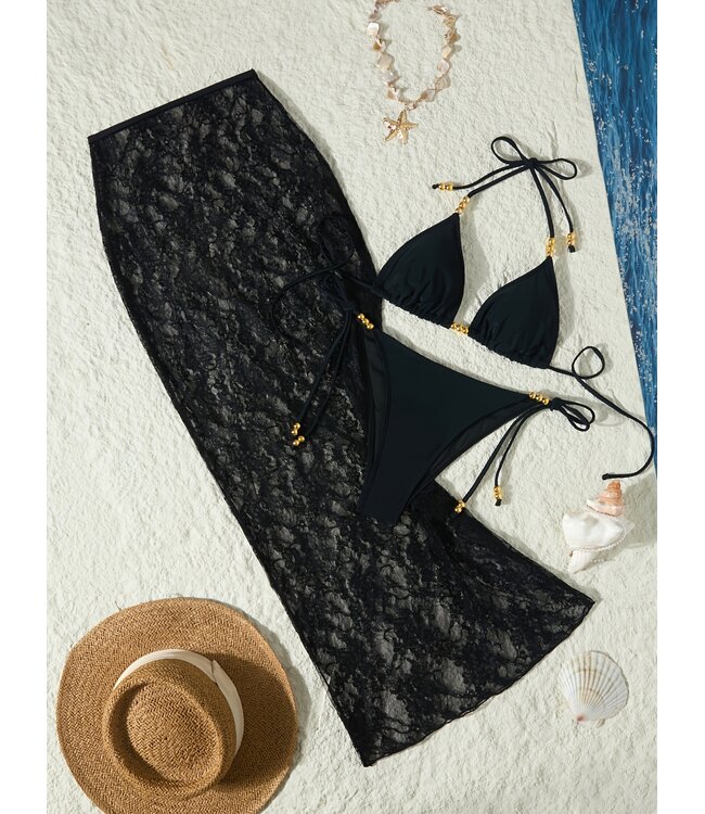 Luxe bikini set met lang kanten rokje - zwart