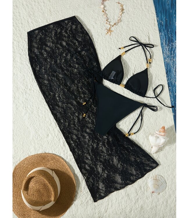 Luxe bikini set met lang kanten rokje - zwart