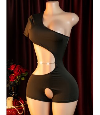 ClassyWear Sexy playsuit lingerie met open kruis en ketting role play- zwart
