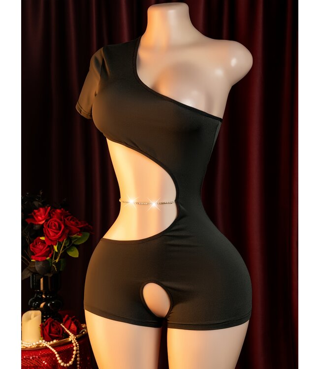 Sexy playsuit lingerie met open kruis en ketting role play- zwart