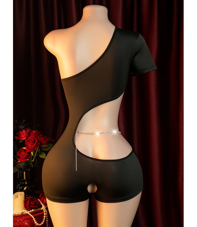 Sexy playsuit lingerie met open kruis en ketting role play- zwart