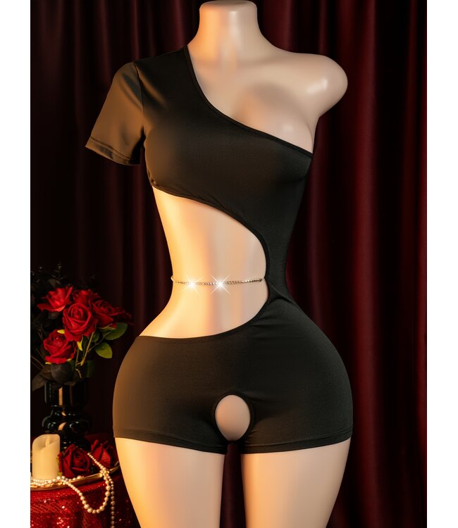 Sexy playsuit lingerie met open kruis en ketting role play- zwart