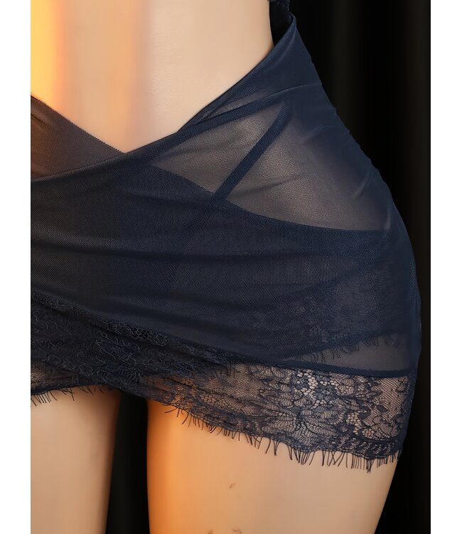 Sexy kanten lingerie jurkje met open rug - navy