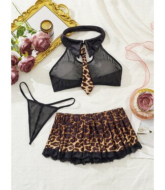 ClassyWear Sexy mesh lingerie panterprints school girl setje - leo