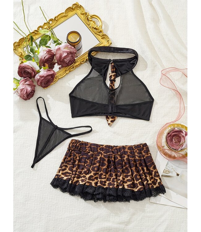 Sexy mesh lingerie panterprints school girl setje - leo