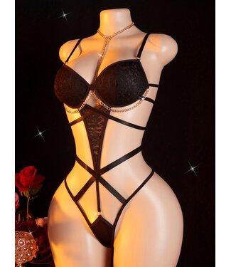 ClassyWear Sexy luxe bodysuit lingerie met kant en ketting - zwart