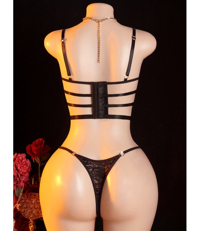 Sexy luxe bodysuit lingerie met kant en ketting - zwart