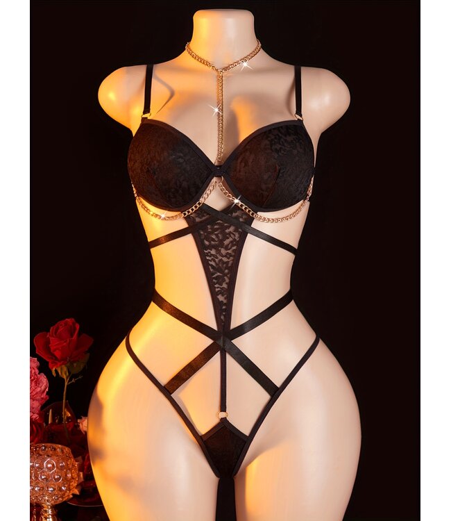 Sexy luxe bodysuit lingerie met kant en ketting - zwart