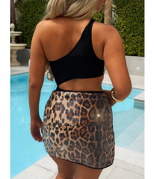 Sexy luxe badpak met sarong en panterprints lovertjes - leo