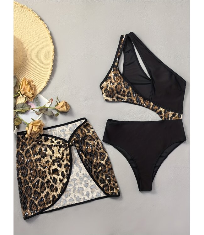 Sexy luxe badpak met sarong en panterprints lovertjes - leo