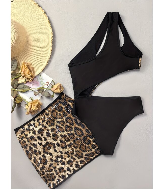 Sexy luxe badpak met sarong en panterprints lovertjes - leo