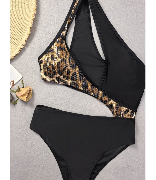 Sexy luxe badpak met sarong en panterprints lovertjes - leo