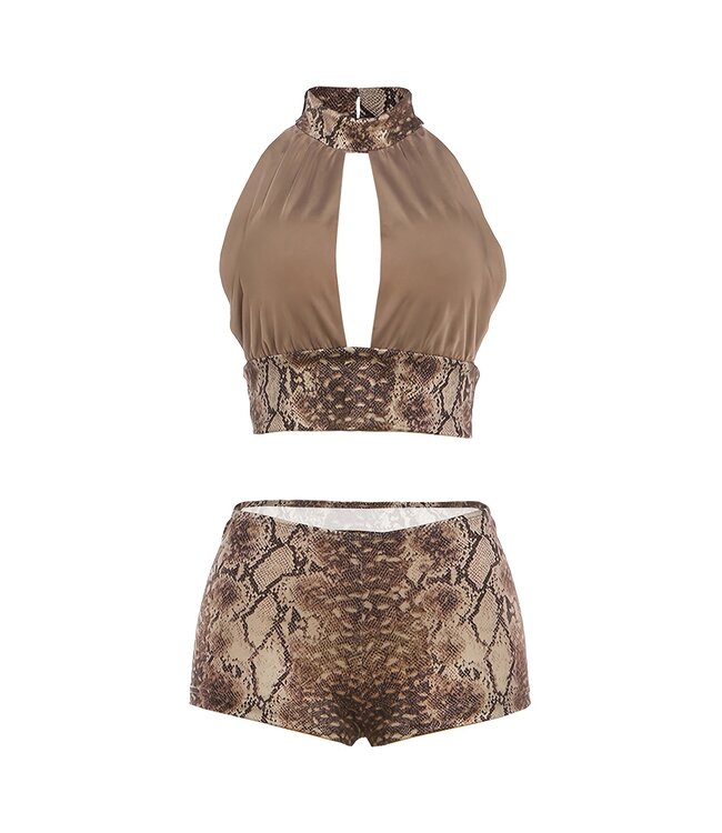 Sexy topje met short setje met prints - taupe