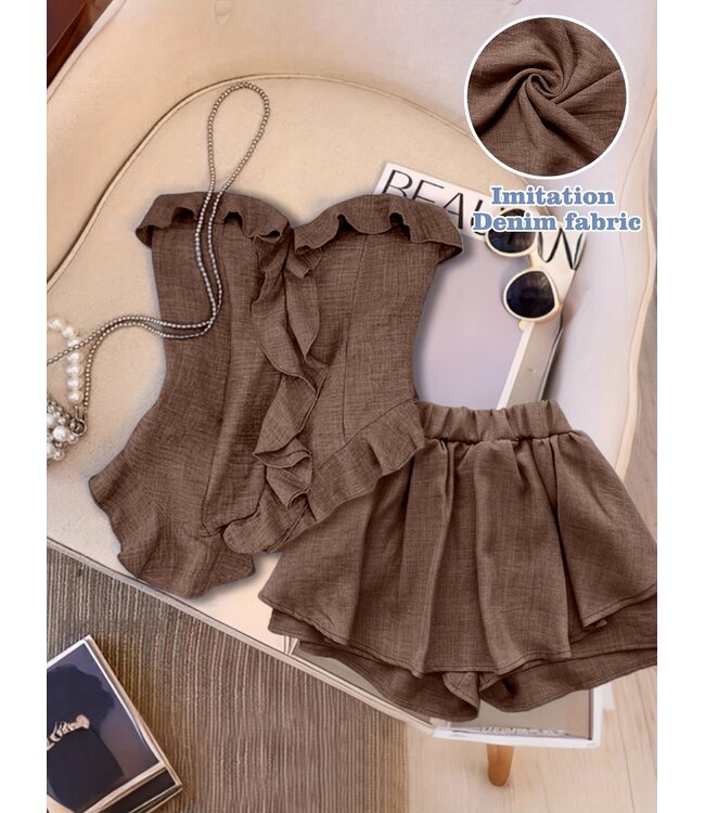 Luxe topje met skort set - bruin