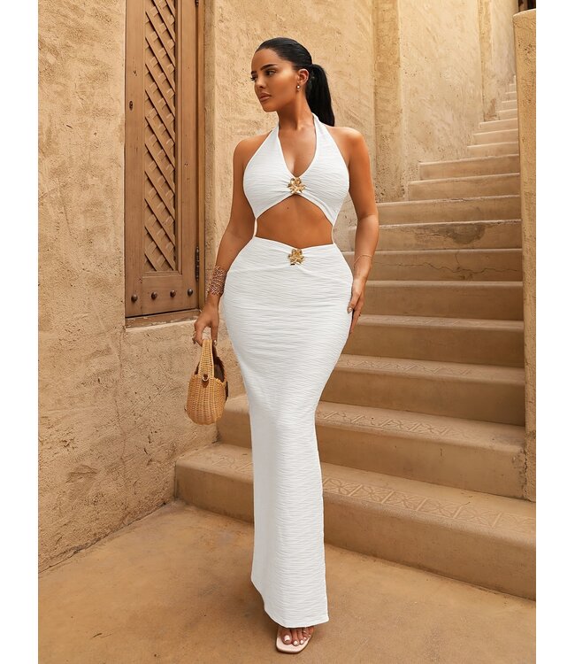 Luxe lang jurk met split en cut out - wit