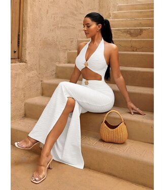 ClassyWear Luxe lang jurk met split en cut out - wit