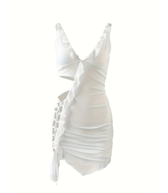 Zomer mini jurkje met cut out en veters - wit