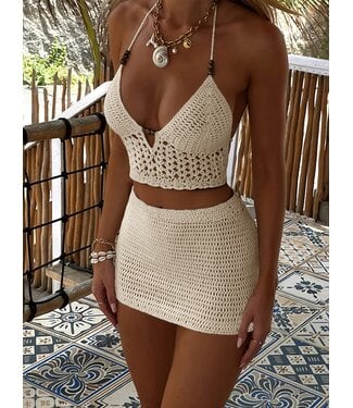 ClassyWear Luxe gebreide setje met strasdetail - beige