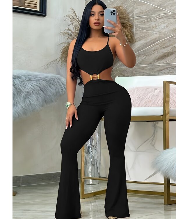 Luxe jumpsuit met cut out en buckle - zwart