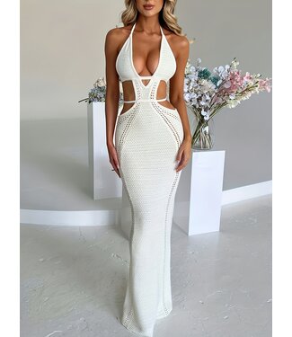 ClassyWear Luxe elegante gebreide lang jurk met cut out - wit
