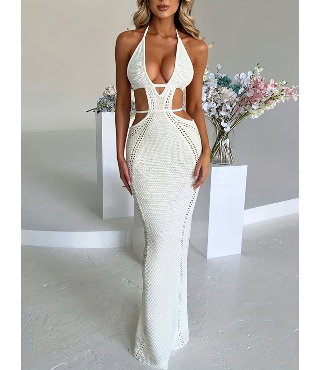 Luxe elegante gebreide lang jurk met cut out - wit