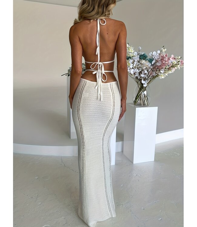 Luxe elegante gebreide lang jurk met cut out - wit