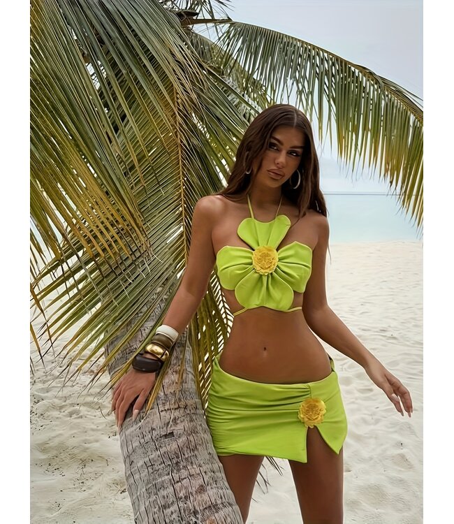 Luxe hawaii bloemen bikini 3-delige set - groen