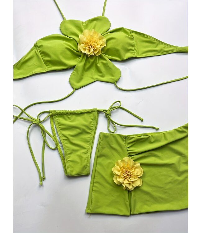 Luxe hawaii bloemen bikini 3-delige set - groen