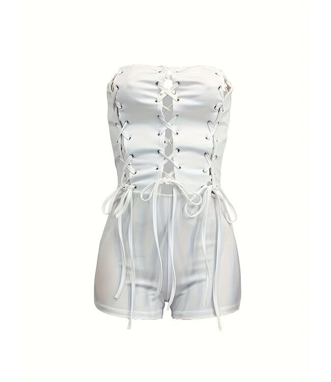 Sexy playsuit met cut out en veters - wit
