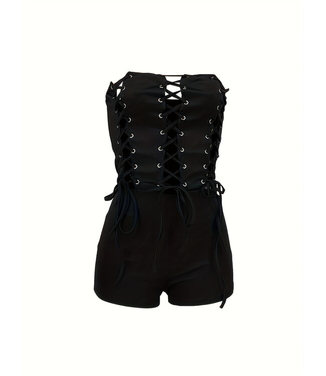 Sexy playsuit met cut out en veters - zwart