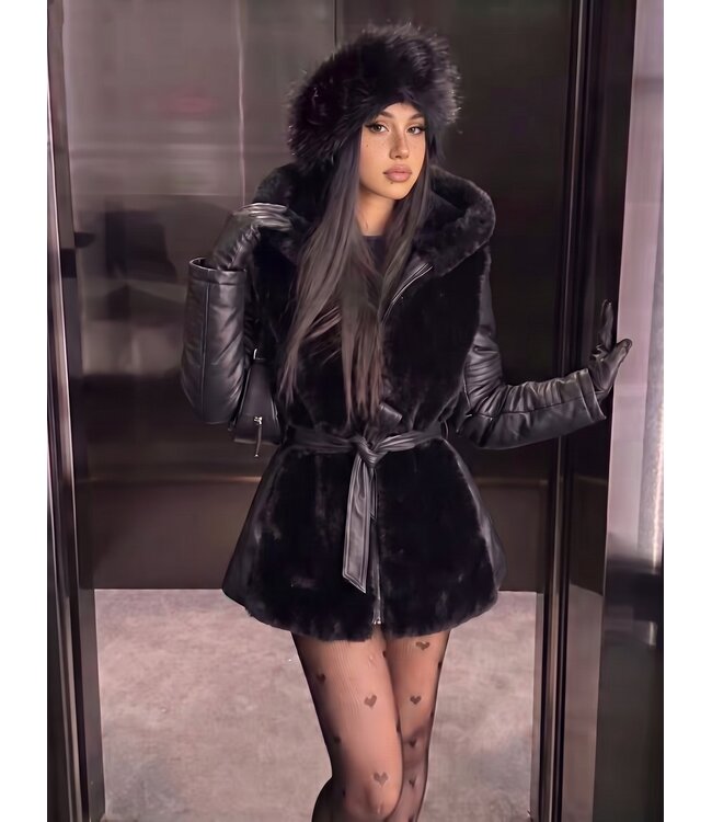 Elegante winter hoodie jas met bont - zwart