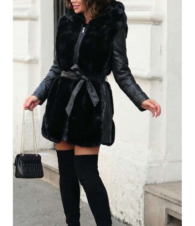 Elegante winter hoodie jas met bont - zwart