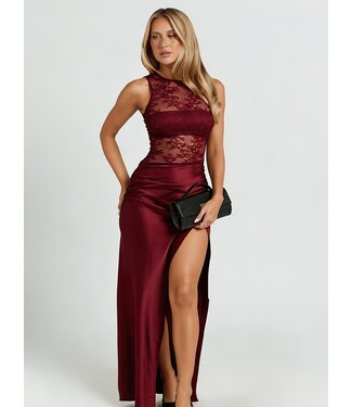 ClassyWear Luxe lang galajurk met kant en slip - wijn