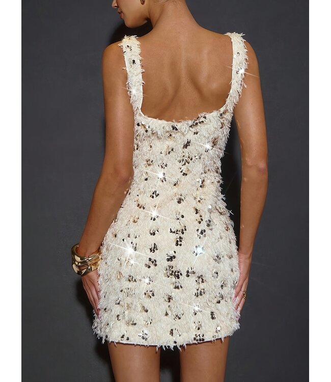 Luxe kort fluffy jurkje met pailletten - wit