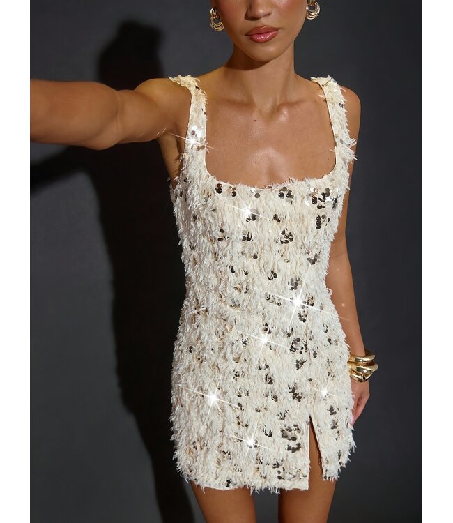 Luxe kort fluffy jurkje met pailletten - wit