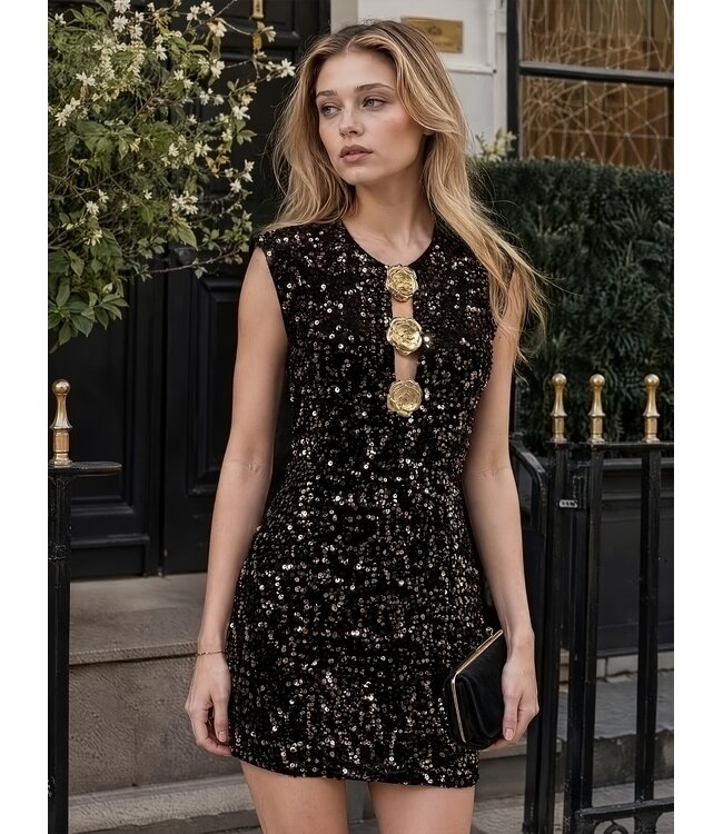 Luxe elegante pailletten jurk met gouden decoratie - zwart