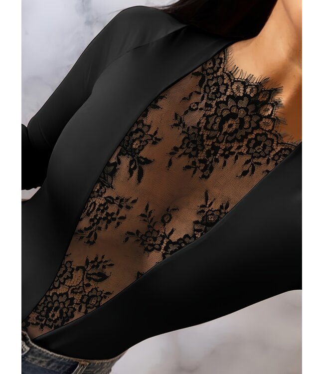 Sexy deep v topje met kant - zwart
