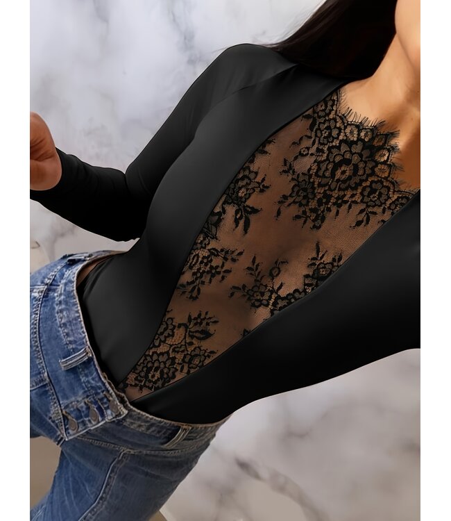Sexy deep v topje met kant - zwart