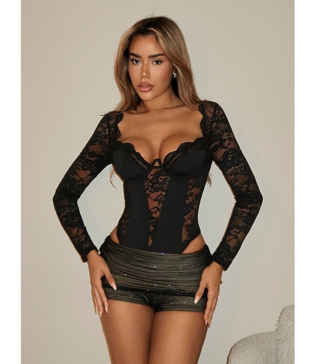 Sexy topje met kant en bh look - zwart