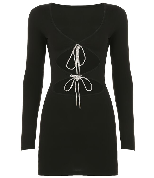 FEEST!Sexy mini jurkje met cut out en glitter strik - zwart