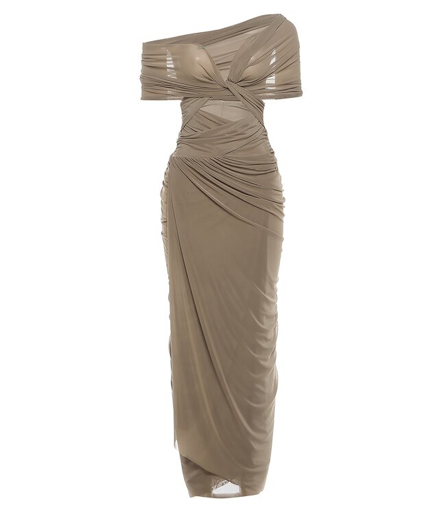 Luxe elegante lang jurk met mesh - taupe