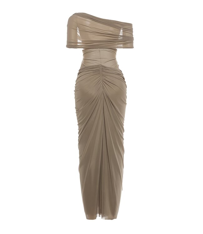Luxe elegante lang jurk met mesh - taupe
