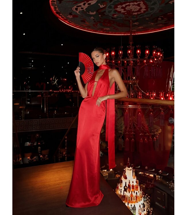 Holiday! Luxe elegante satijnen lang jurk met cut out - rood