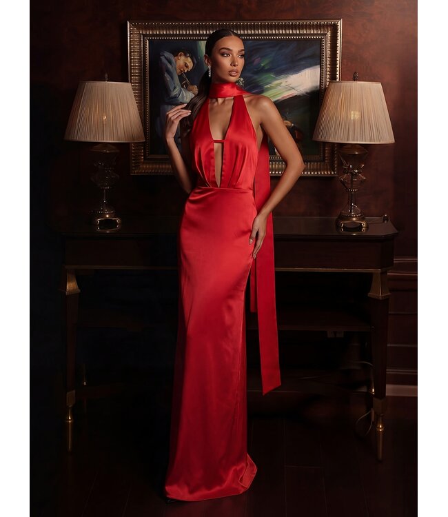 Holiday! Luxe elegante satijnen lang jurk met cut out - rood