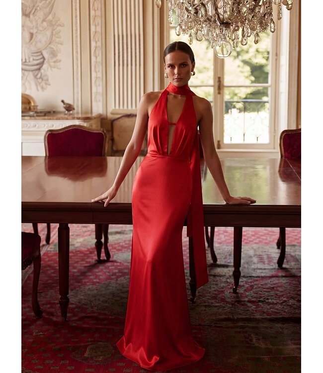 Holiday! Luxe elegante satijnen lang jurk met cut out - rood