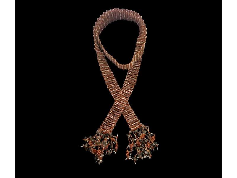 KNITTED BEAD COPPER SCARF NECKLACE WITH TASSELS